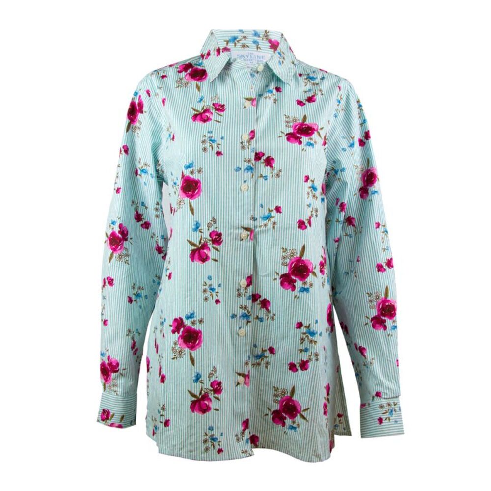 Skyline Collection Women's Cotton Floral & Blue Striped Button Down Blouse Large